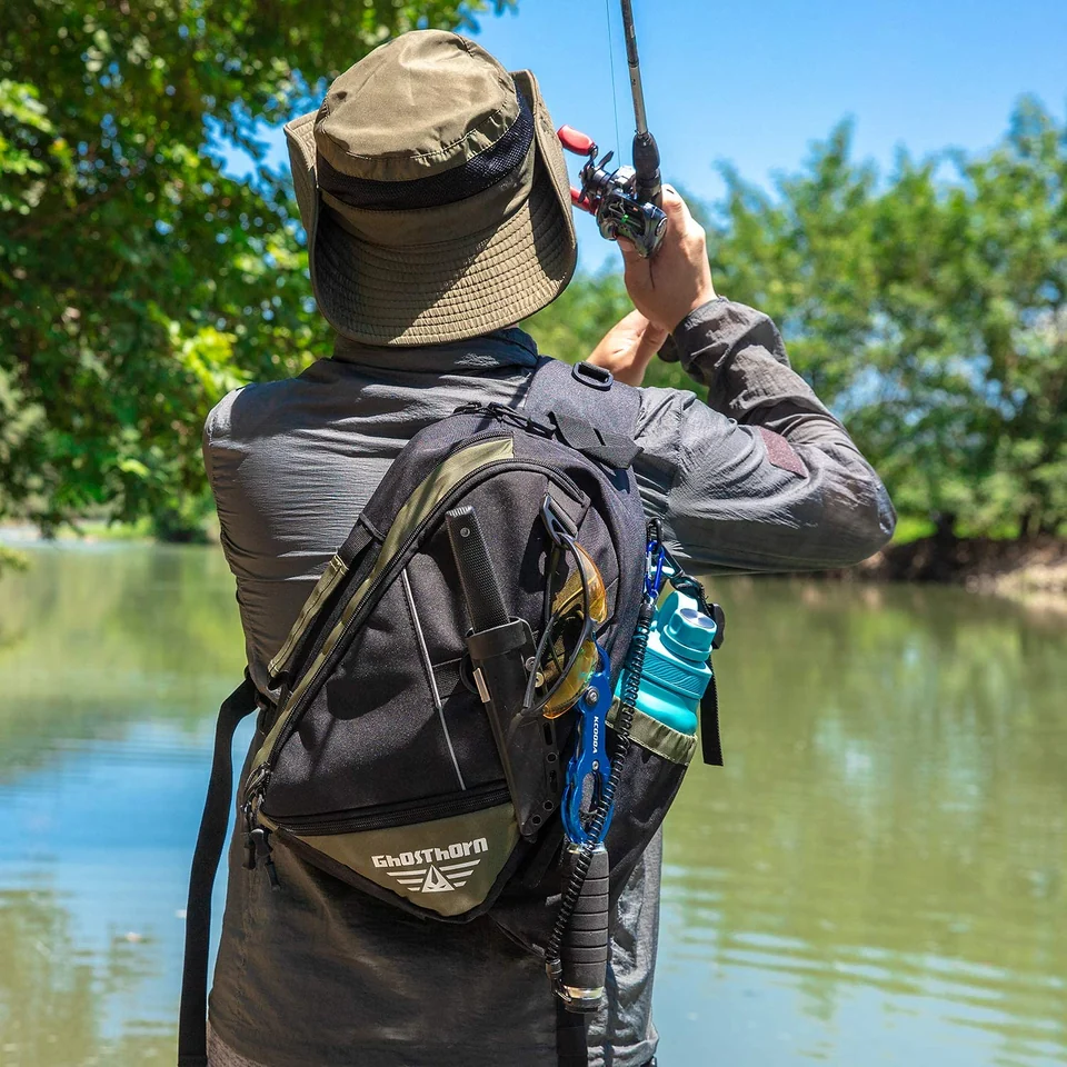 A Ghosthorn backpack carried on a bank-fishing trip.