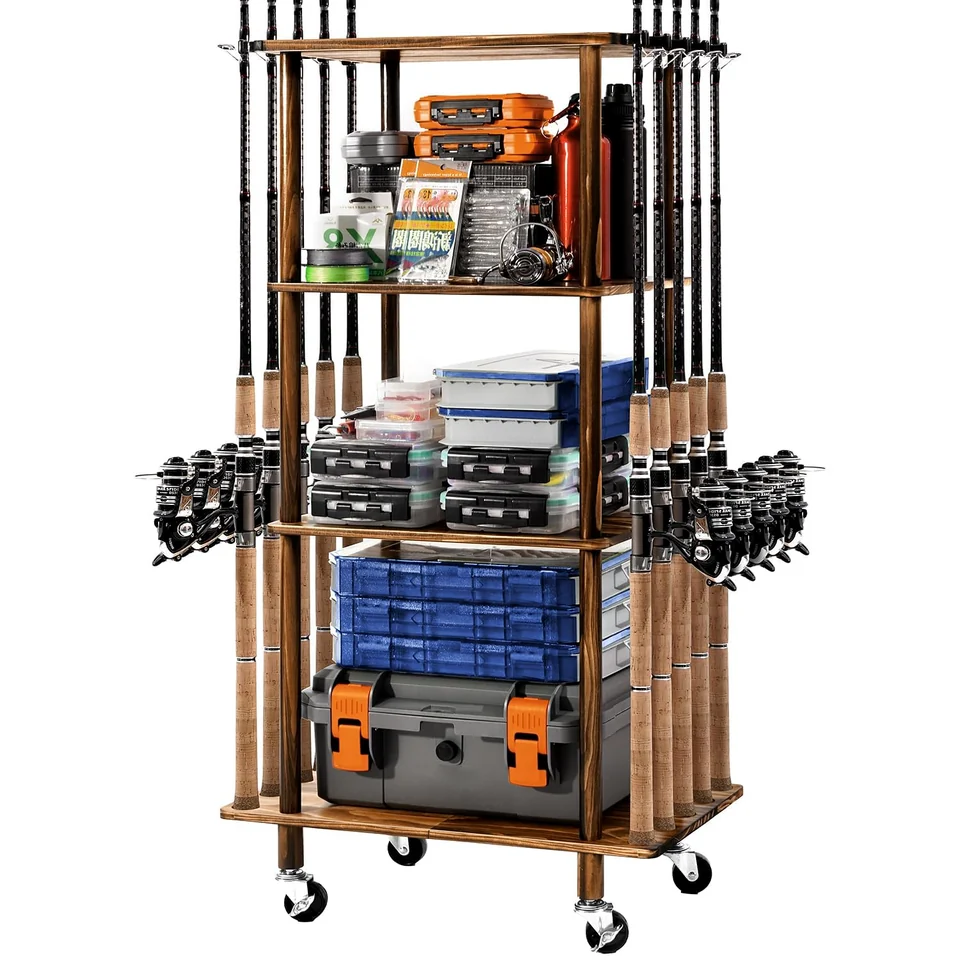 Rolling wood tackle station — Up to 10 rods · lockable wheels